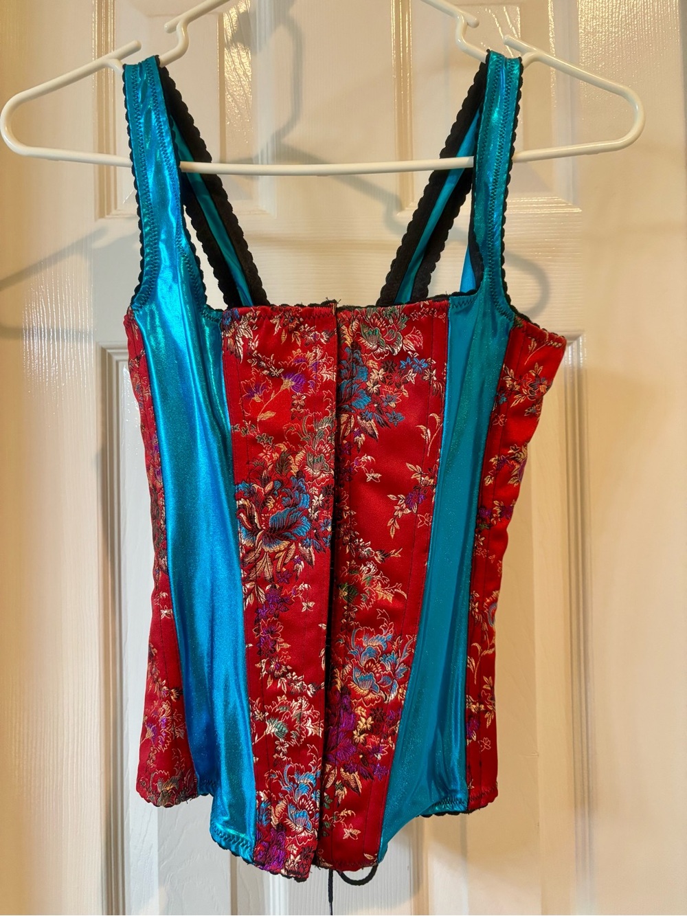 Red Floral Satin Bustier Corset with Teal Panel Accents